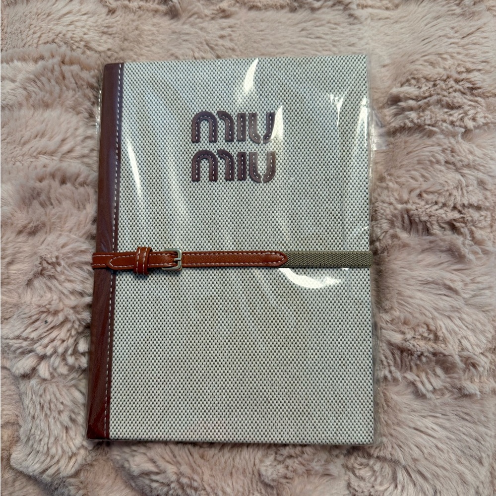 Miu Miu Beige Canvas Notebook with Brown Trim and Logo